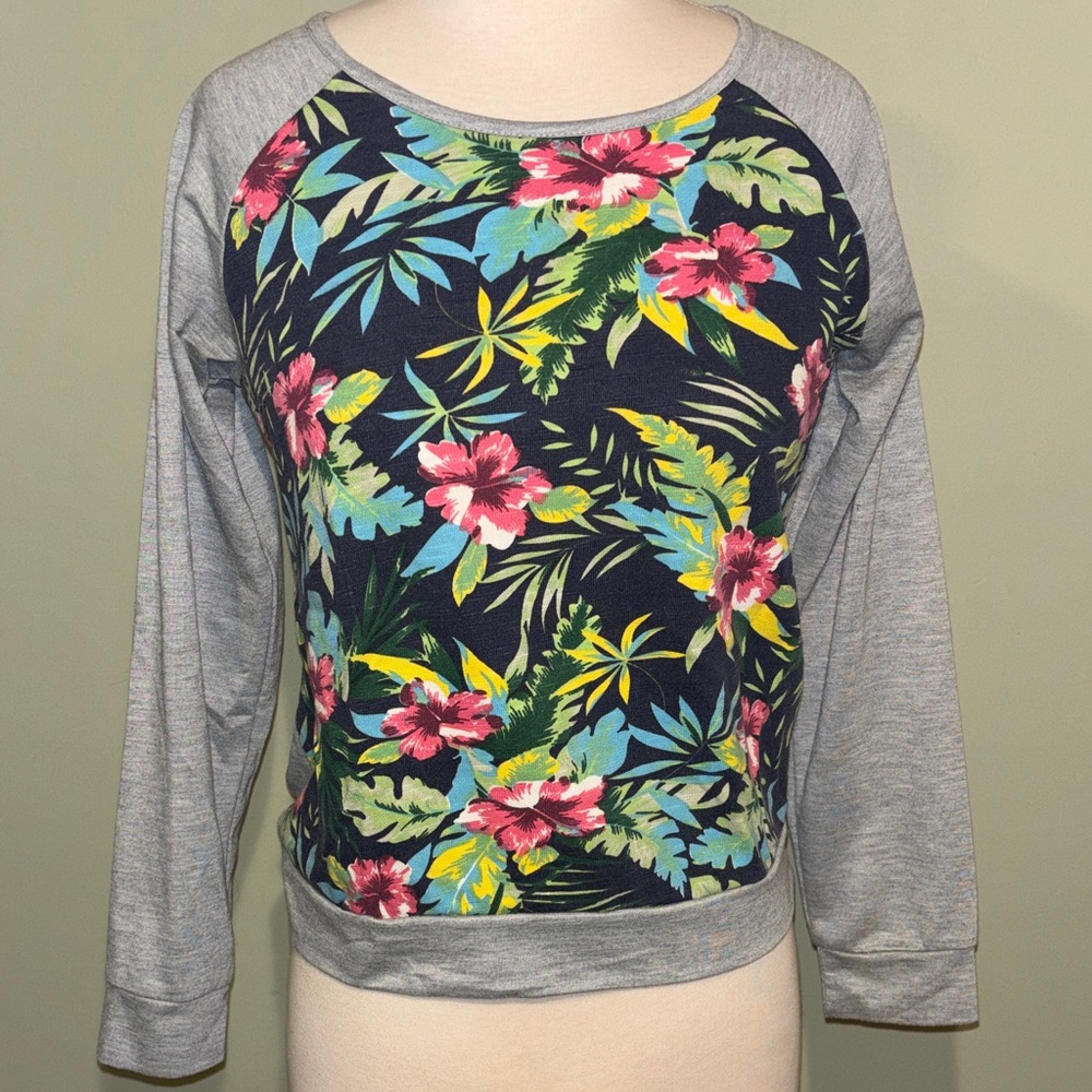Allegra K Navy Floral Raglan Sweatshirt with Grey Sleeves